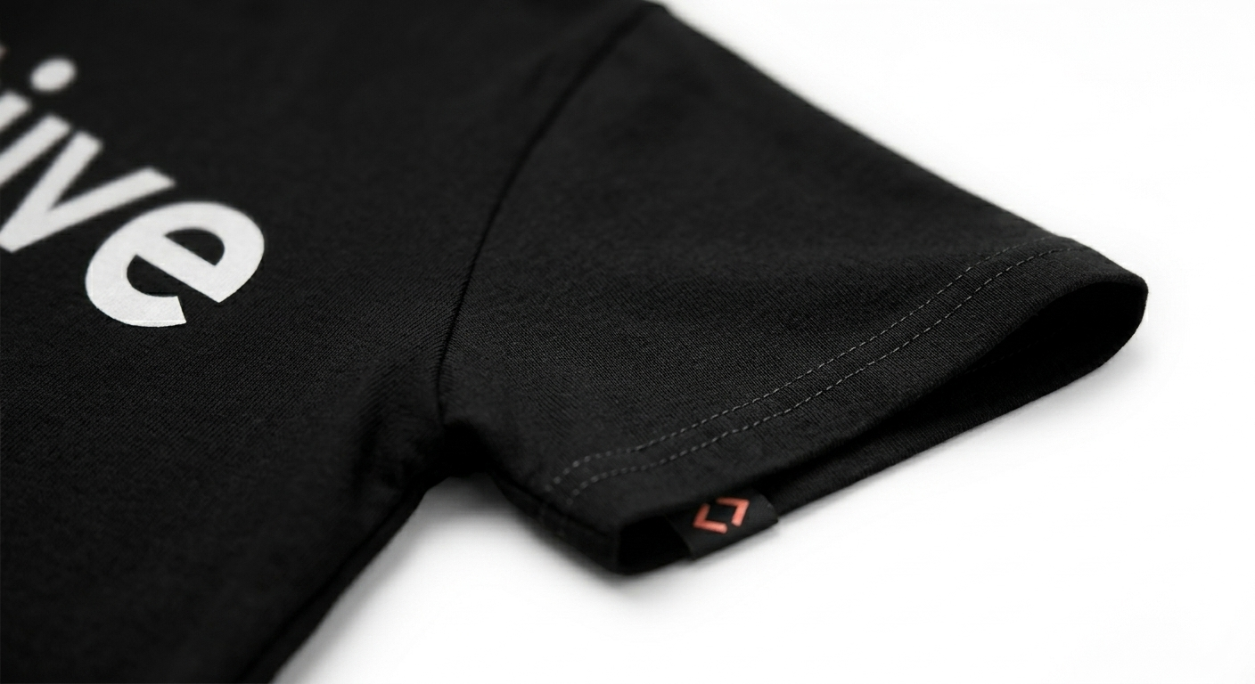Close-up macro shot of the double stitching on the sleeve hem and fabric texture of the black POSITIVE cotton t-shirt.