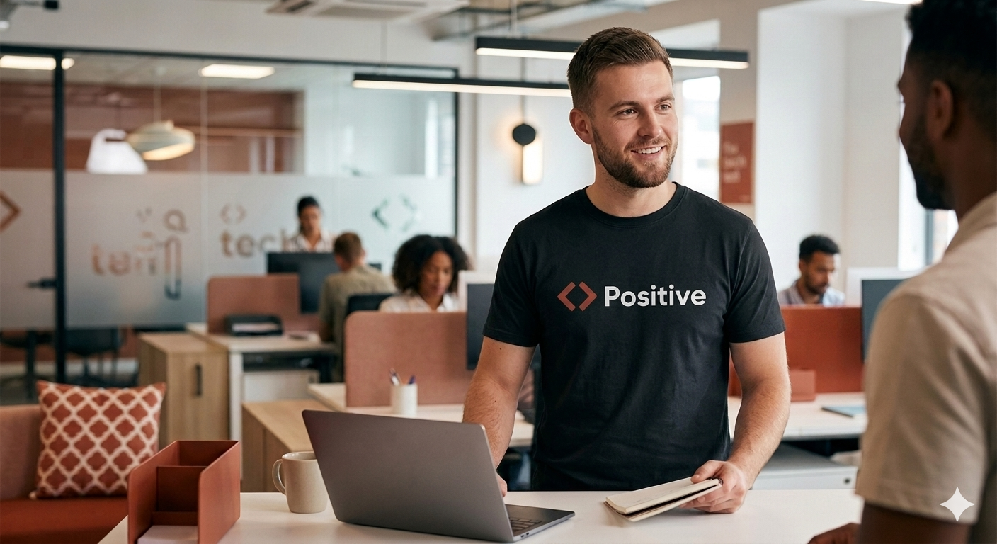 A smiling young man wearing the black POSITIVE logo t-shirt talking to a colleague in a modern brick-walled corporate office.