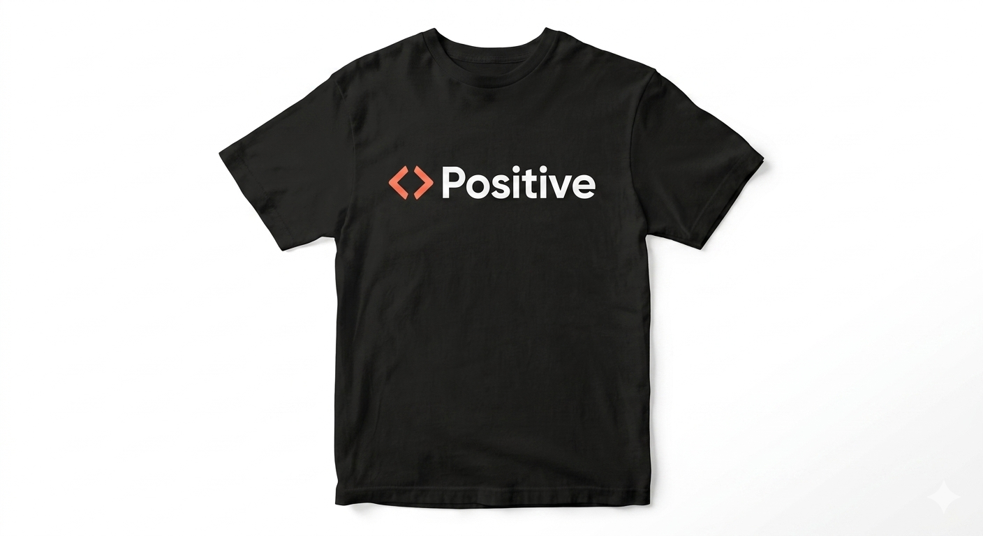 Black classic men's t-shirt with red and white POSITIVE logo laid flat on a solid white background.